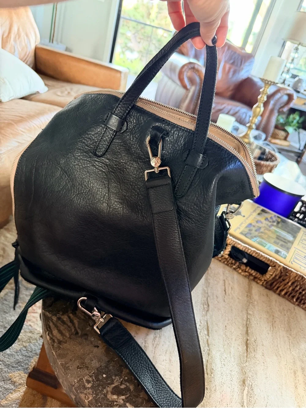 Consuela Cyndi sling Black Leather Messenger with Green-Striped Strap